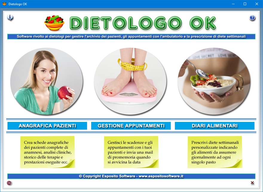 Dietologo OK - Software rivolto a dietologi e nutrizionisti per gestire  l'archivio dei pazienti, gli appuntamenti del proprio ambulatorio e la  prescrizione di diete settimanali