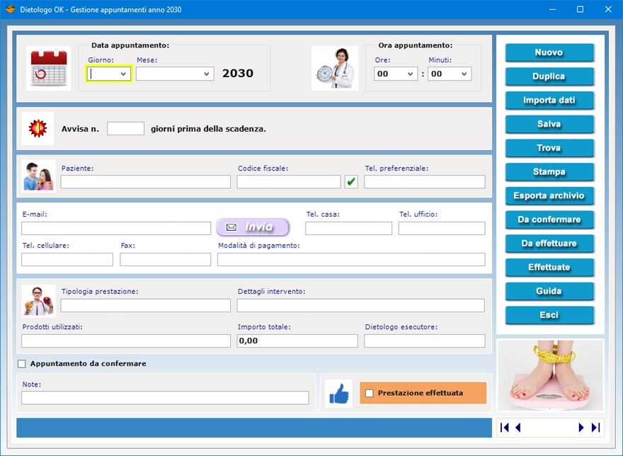 Dietologo OK - Software rivolto a dietologi e nutrizionisti per gestire  l'archivio dei pazienti, gli appuntamenti del proprio ambulatorio e la  prescrizione di diete settimanali