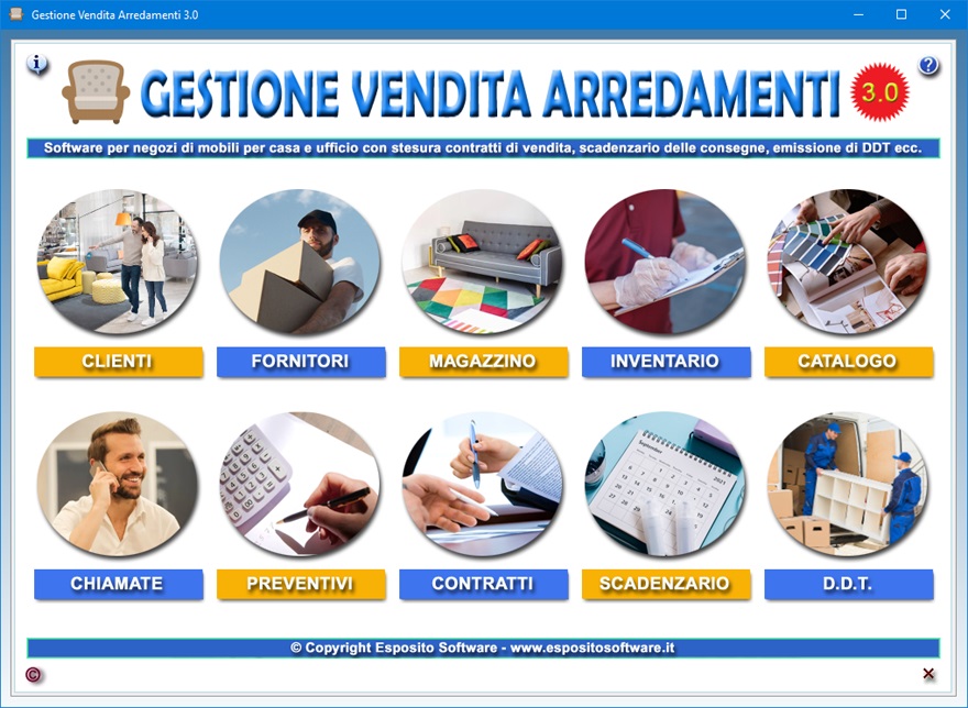 Gestione Vendita Arredamenti 3.0 - Software per negozi di mobili per casa e  ufficio con stesura contratti di vendita, scadenzario delle consegne,  catalogo arredi, emissione di preventivi, DDT ecc.